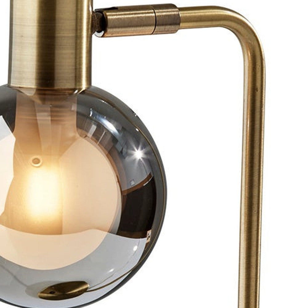 18" Antiqued Brass Metal Cylinder Desk Table Lamp With Gray Globe Shade With Starling LED Bulb - GreatEagleInc