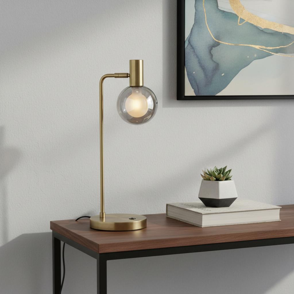 18" Antiqued Brass Metal Cylinder Desk Table Lamp With Gray Globe Shade With Starling LED Bulb - GreatEagleInc