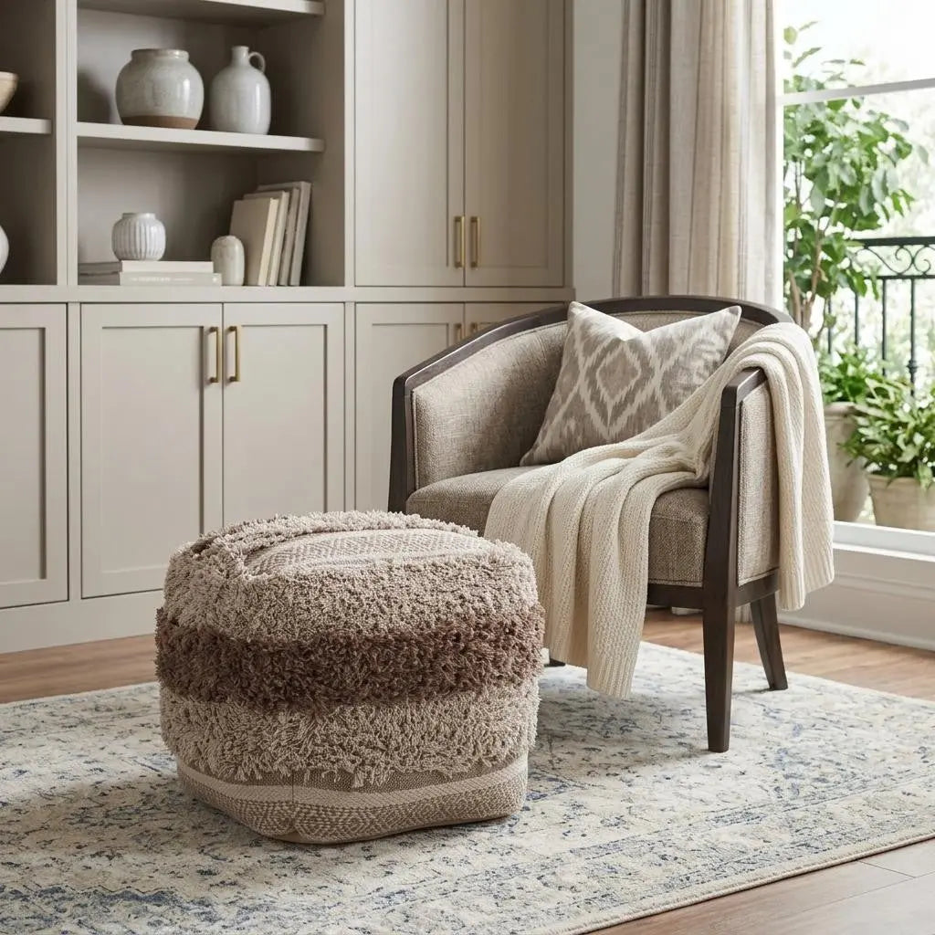 18" Beige Striped Pouf Ottoman Homeroots Living Room