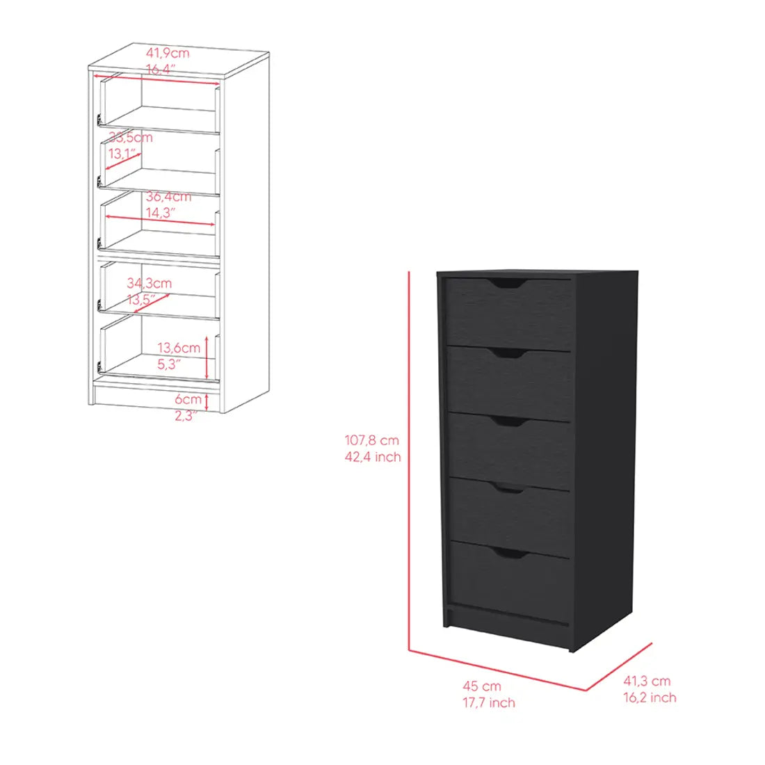 18" Black Five Drawer Standard Chest Homeroots Bed & Bath