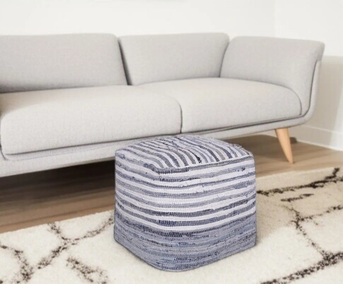 18" Blue Cotton Cube Striped Pouf Ottoman Homeroots Living Room