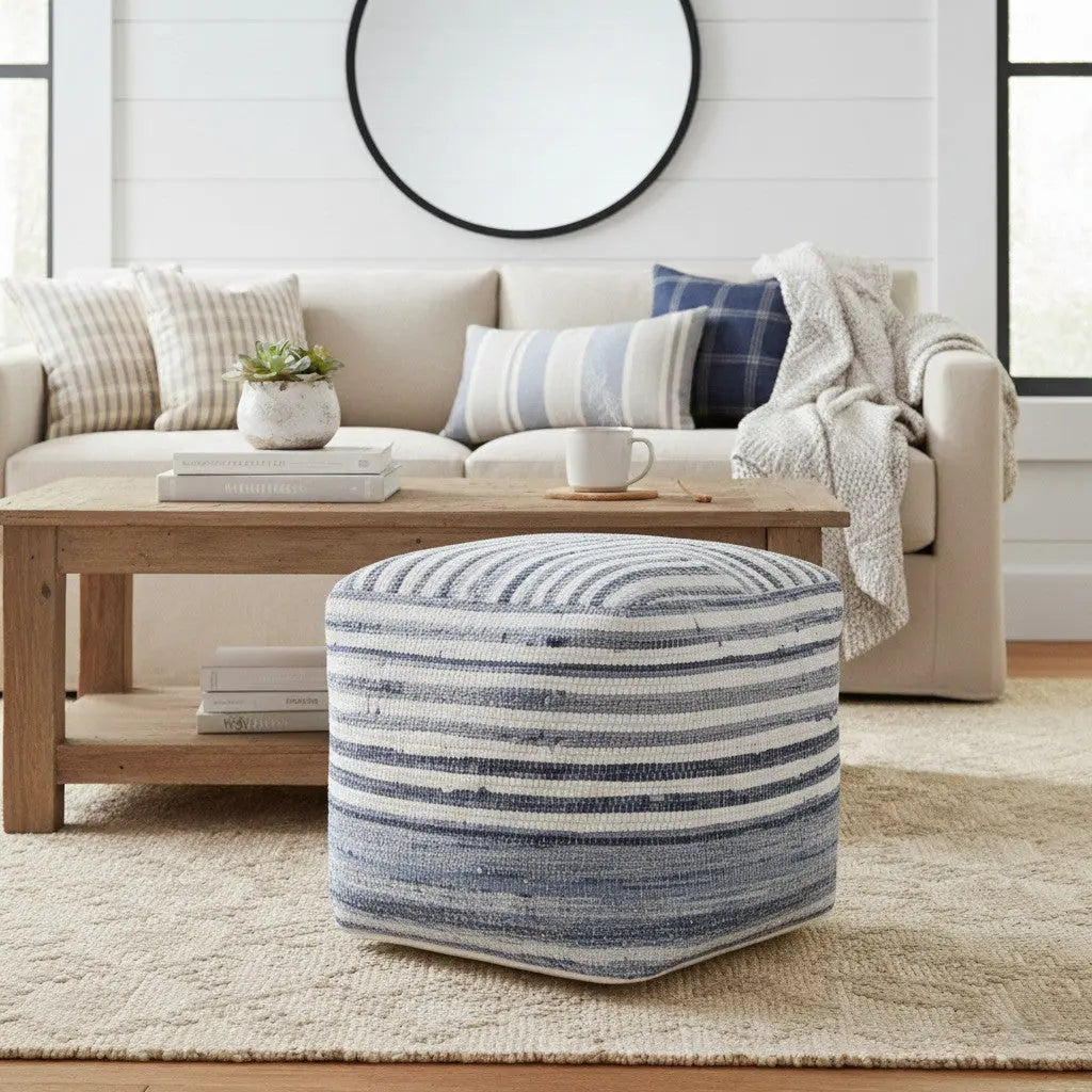 18" Blue Cotton Cube Striped Pouf Ottoman Homeroots Living Room