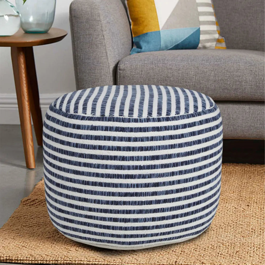 18" Blue Cotton Cylinder Striped Pouf Ottoman Homeroots Living Room