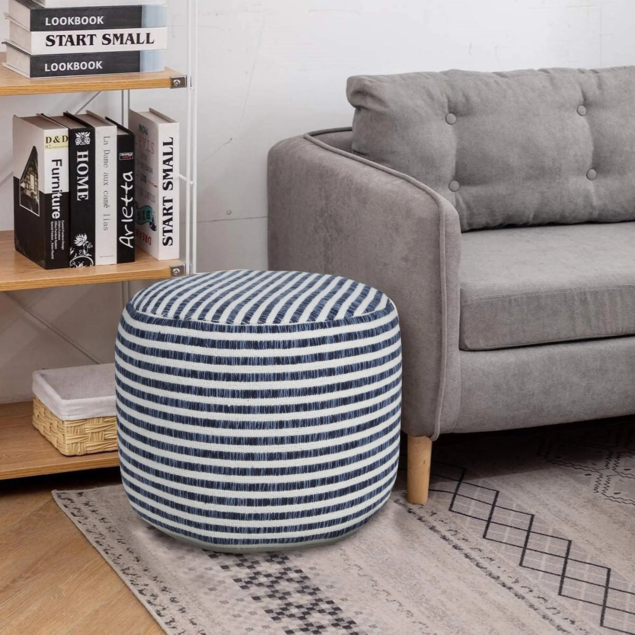 18" Blue Cotton Cylinder Striped Pouf Ottoman Homeroots Living Room