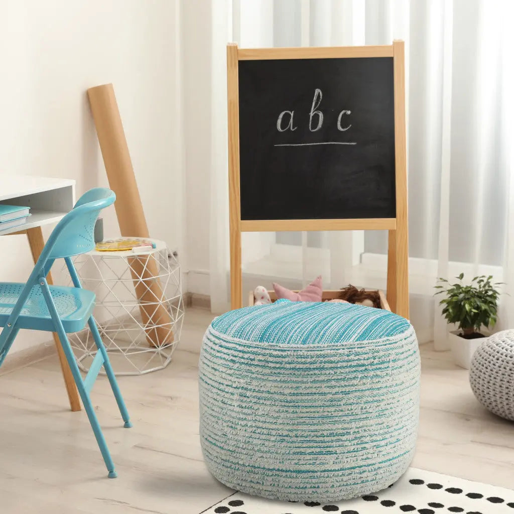 18" Blue Fabric Cylinder Striped Pouf Ottoman Homeroots Living Room
