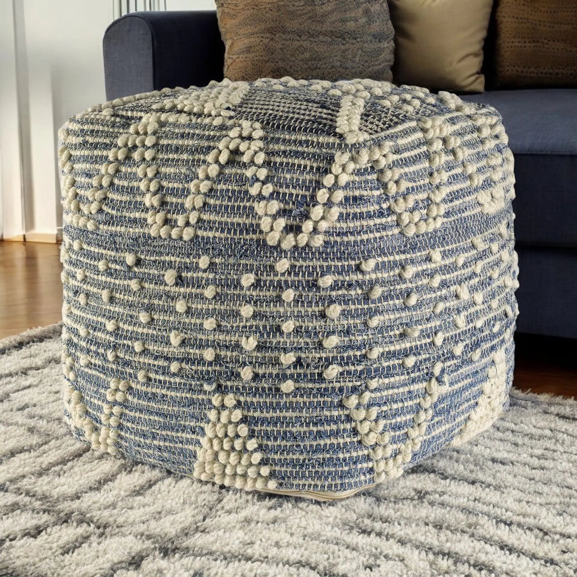 18" Blue Geometric Pouf Ottoman Homeroots Living Room