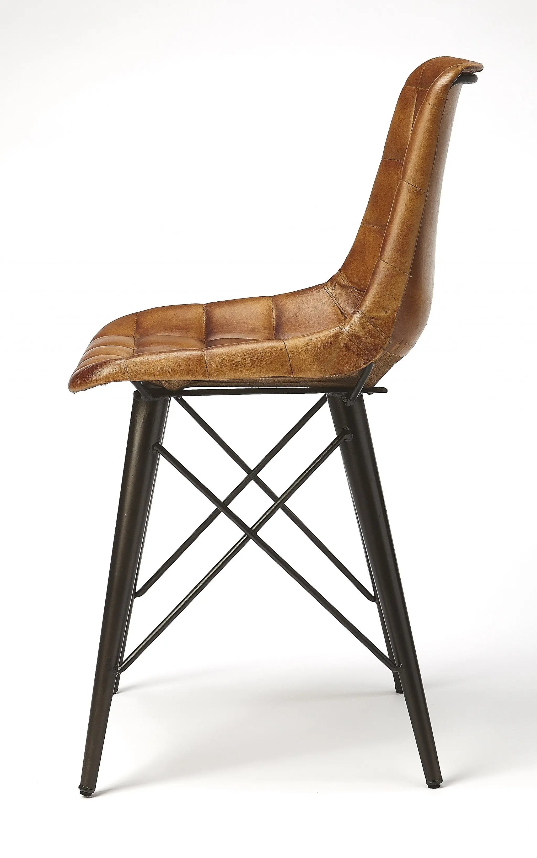 Brown leather upholstered chair with a sleek, modern design and black metal base. Perfect for contemporary interiors.