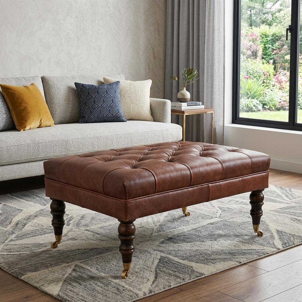 18" Brown Leather Round Footstool Homeroots Living Room