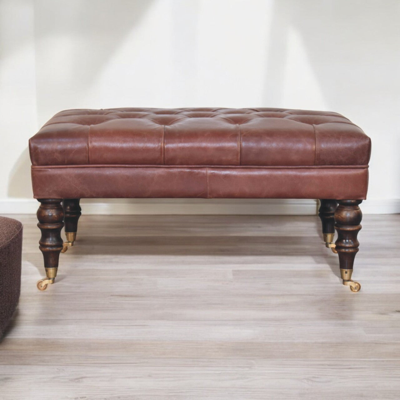 18" Brown Leather Round Footstool Homeroots Living Room