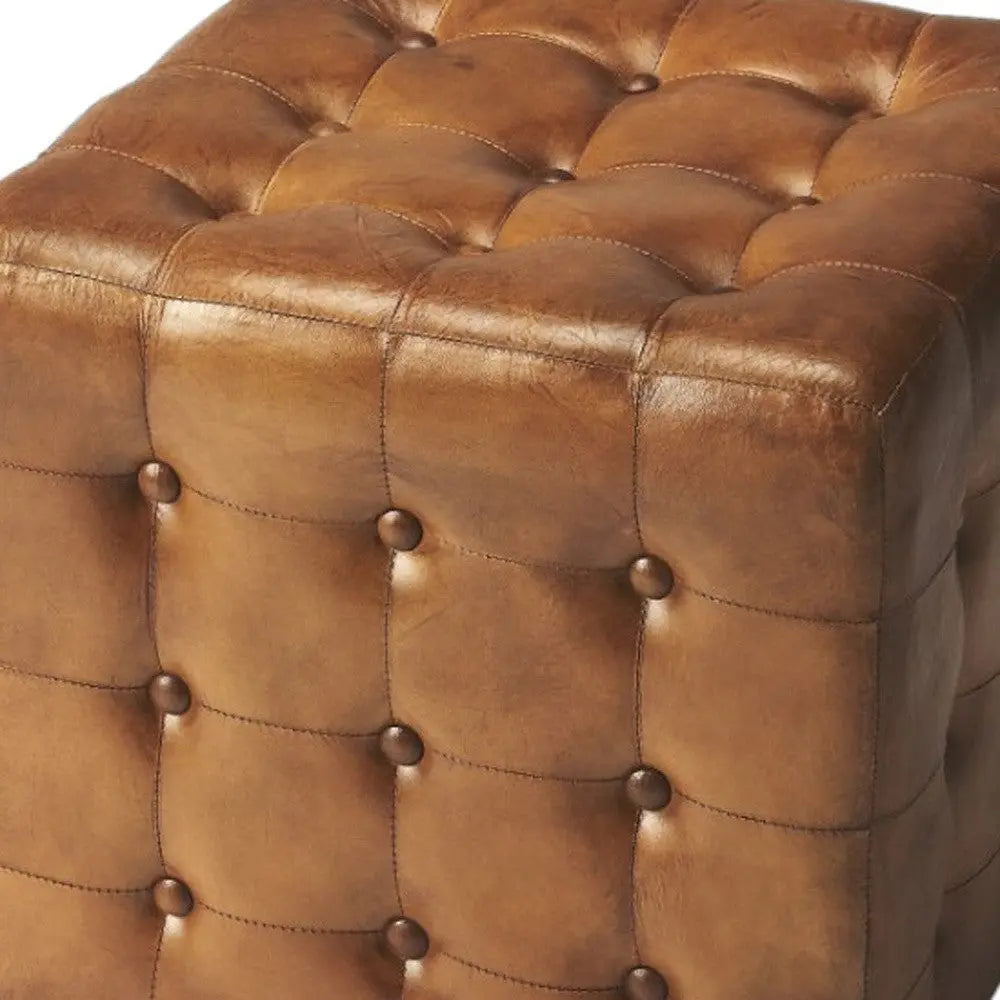 18" Brown Tufted Leather Vintage Style Cube Ottoman Homeroots Living Room