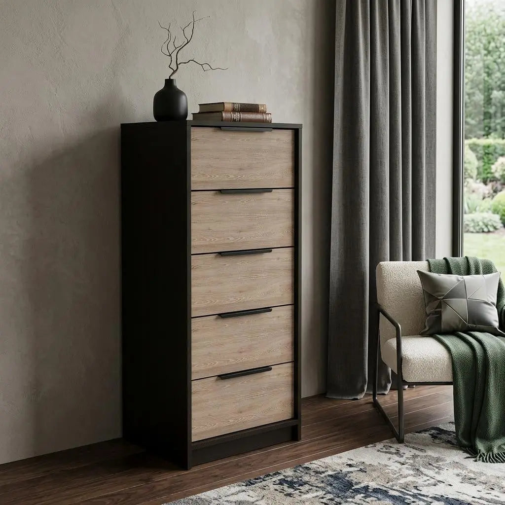 18" Brown and Black Five Drawer Standard Chest Homeroots Bed & Bath