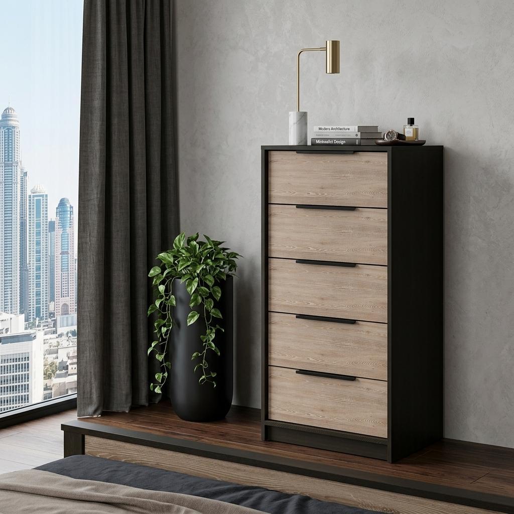 18" Brown and Black Five Drawer Standard Chest Homeroots Bed & Bath