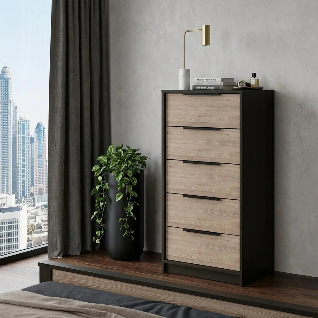 18" Brown and Black Five Drawer Standard Chest Homeroots Bed & Bath