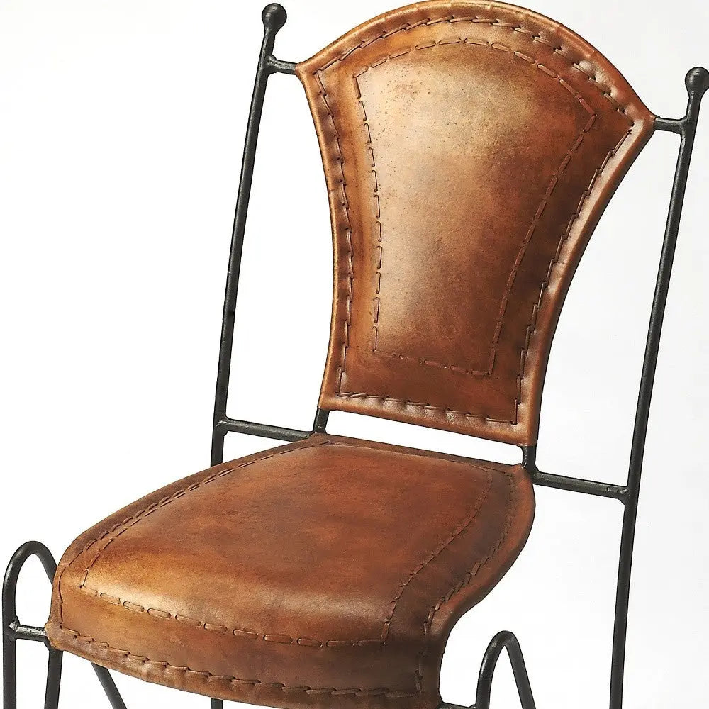 18" Brown and Black Genuine Leather and Iron Side Chair Homeroots Living Room