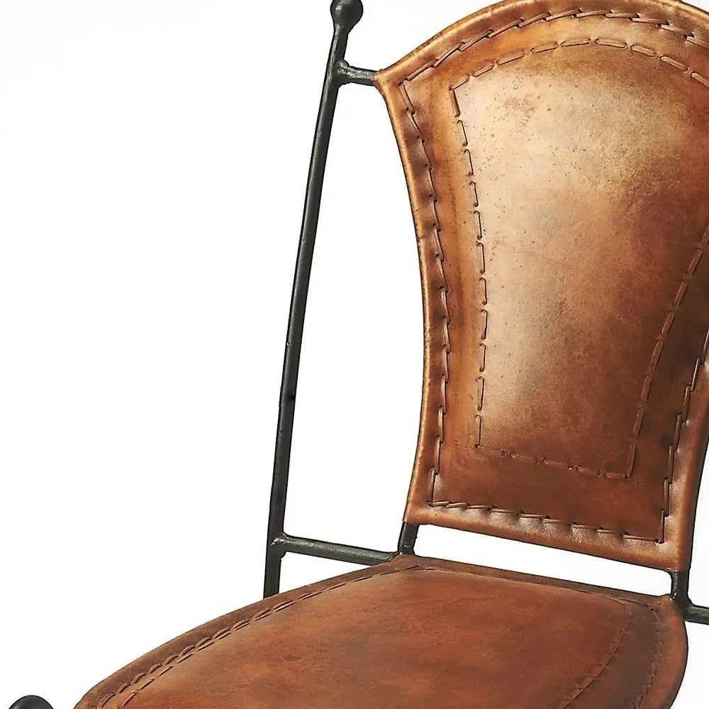 18" Brown and Black Genuine Leather and Iron Side Chair Homeroots Living Room