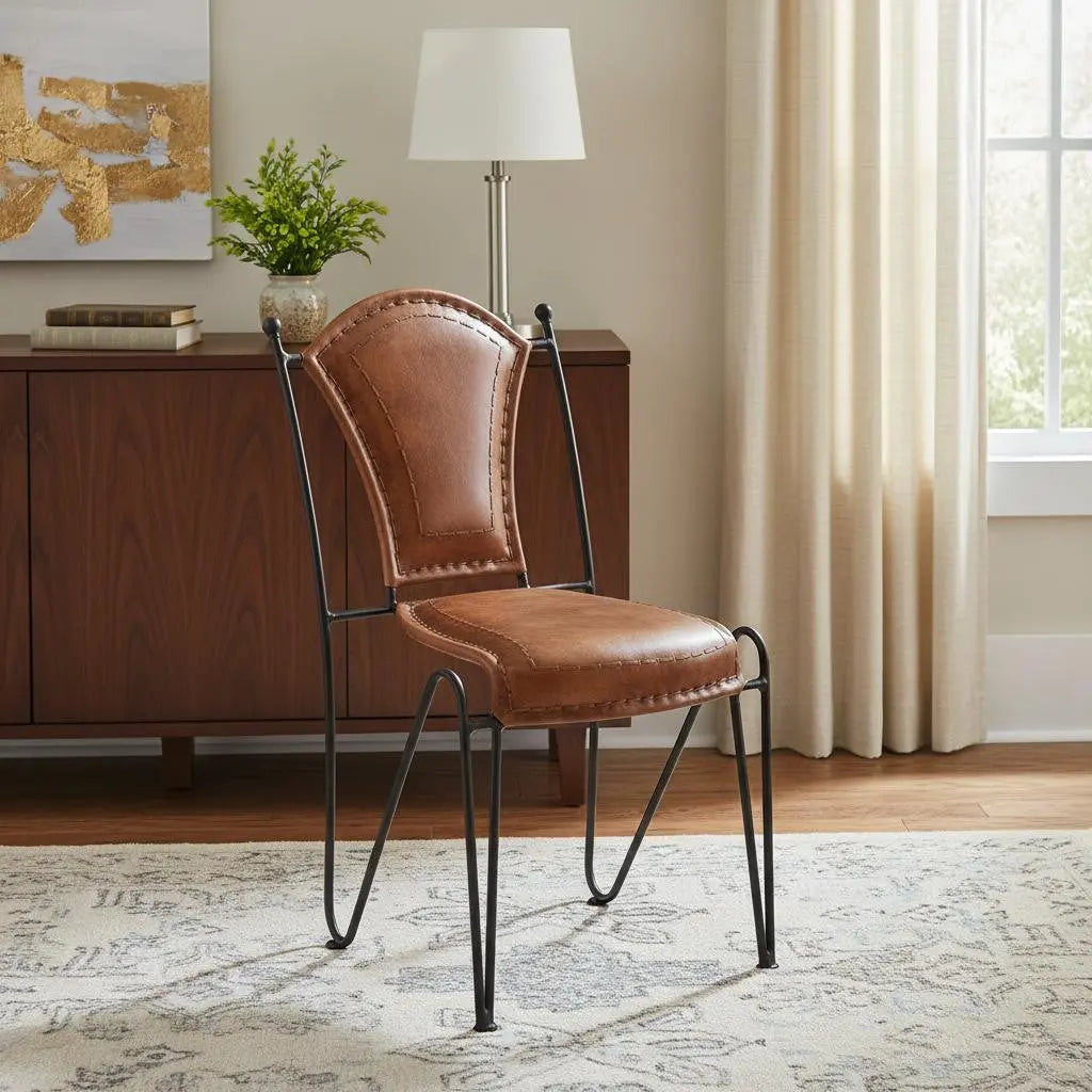 18" Brown and Black Genuine Leather and Iron Side Chair Homeroots Living Room