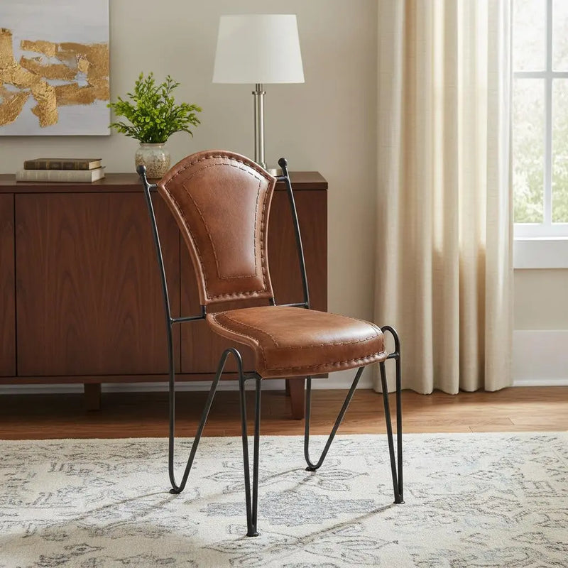 18" Brown and Black Genuine Leather and Iron Side Chair Homeroots Living Room