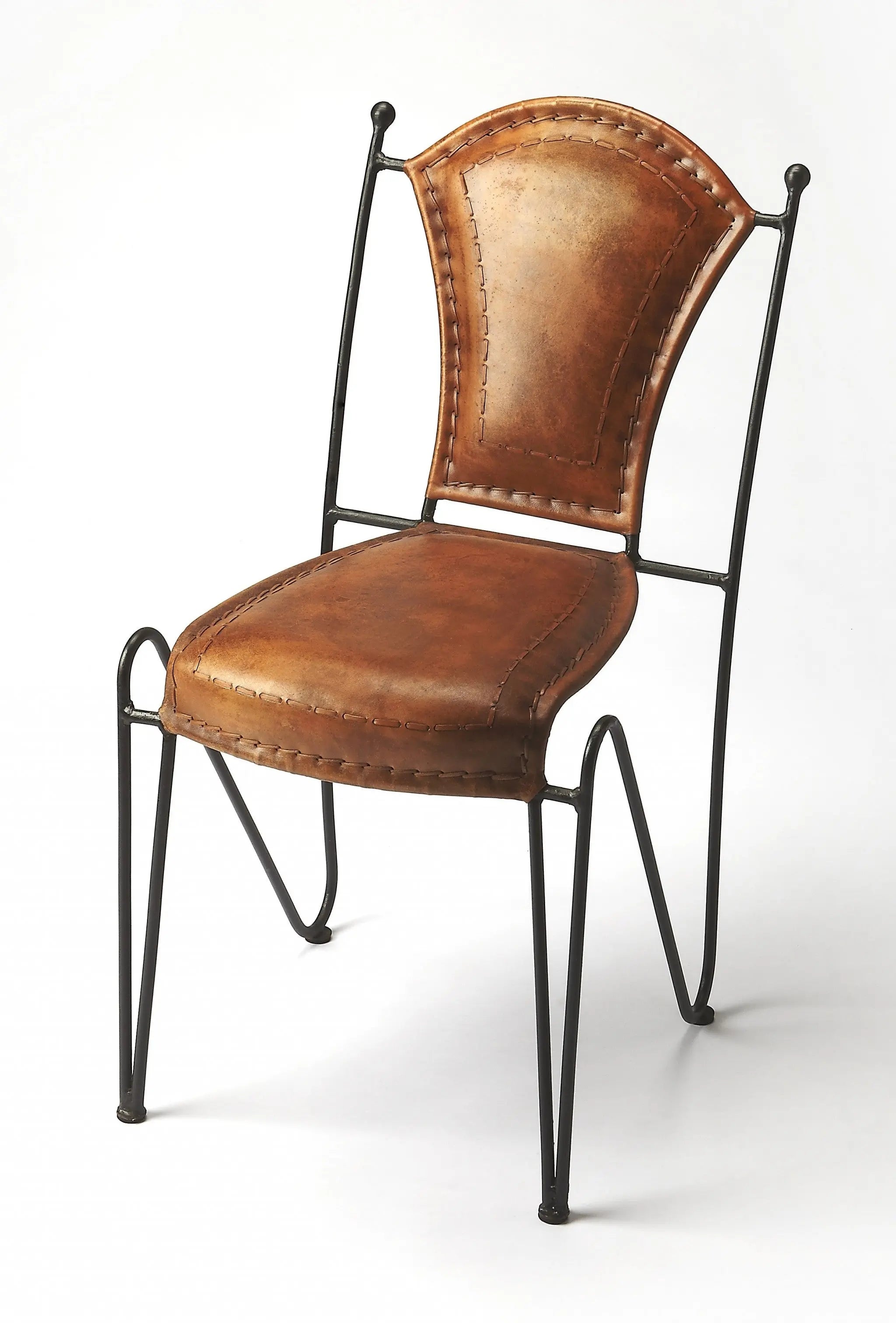 18" Brown and Black Genuine Leather and Iron Side Chair Homeroots Living Room