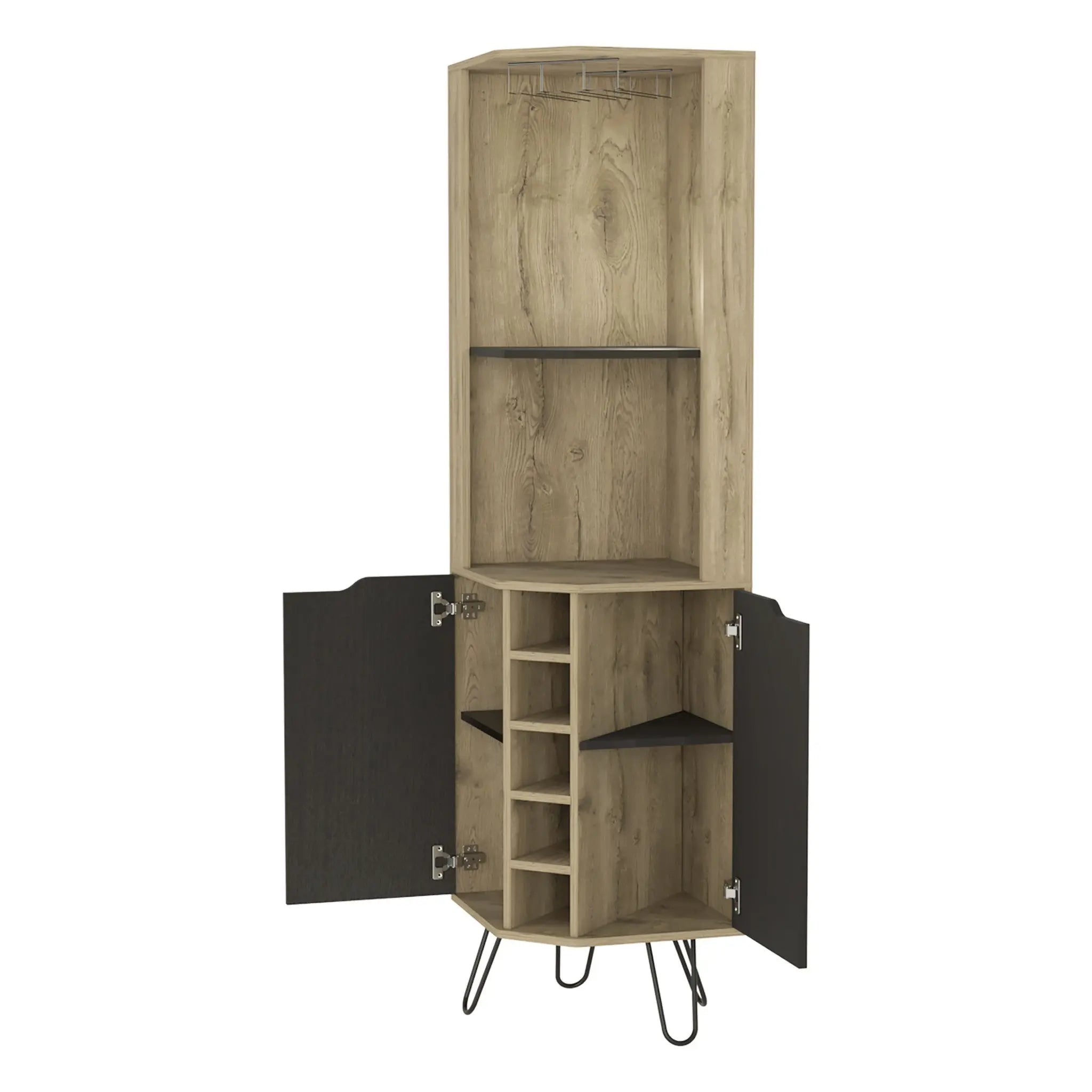 18" Brown and Black and Brown Corner Bar Cabinet With Eleven Shelves Homeroots Kitchen & Dining