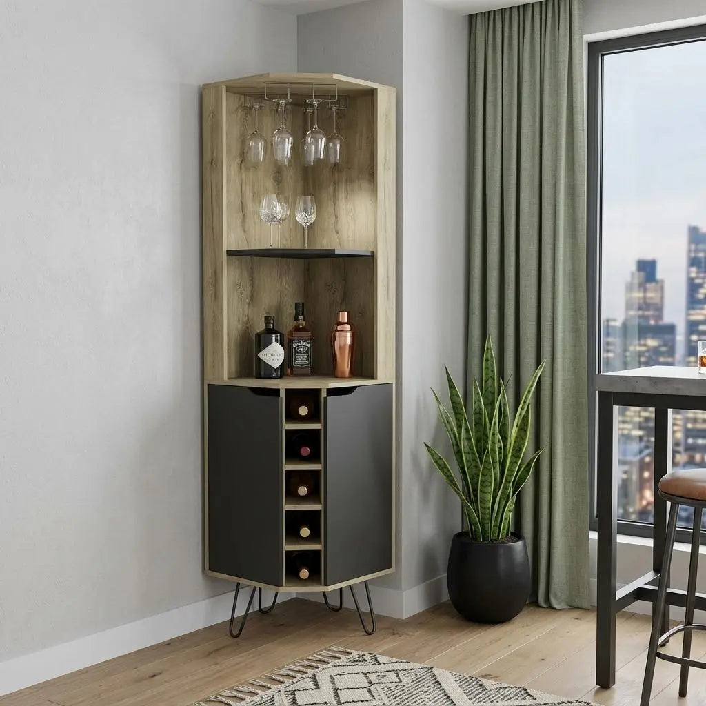 18" Brown and Black and Brown Corner Bar Cabinet With Eleven Shelves Homeroots Kitchen & Dining