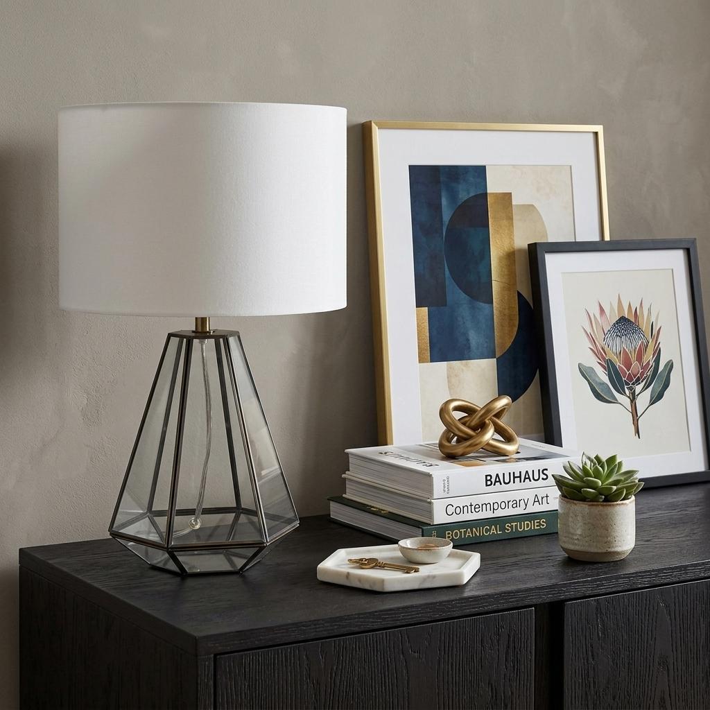 18" Clear And Brass Glass And Metal Geometric Table Lamp With Drum Shade Homeroots Lighting
