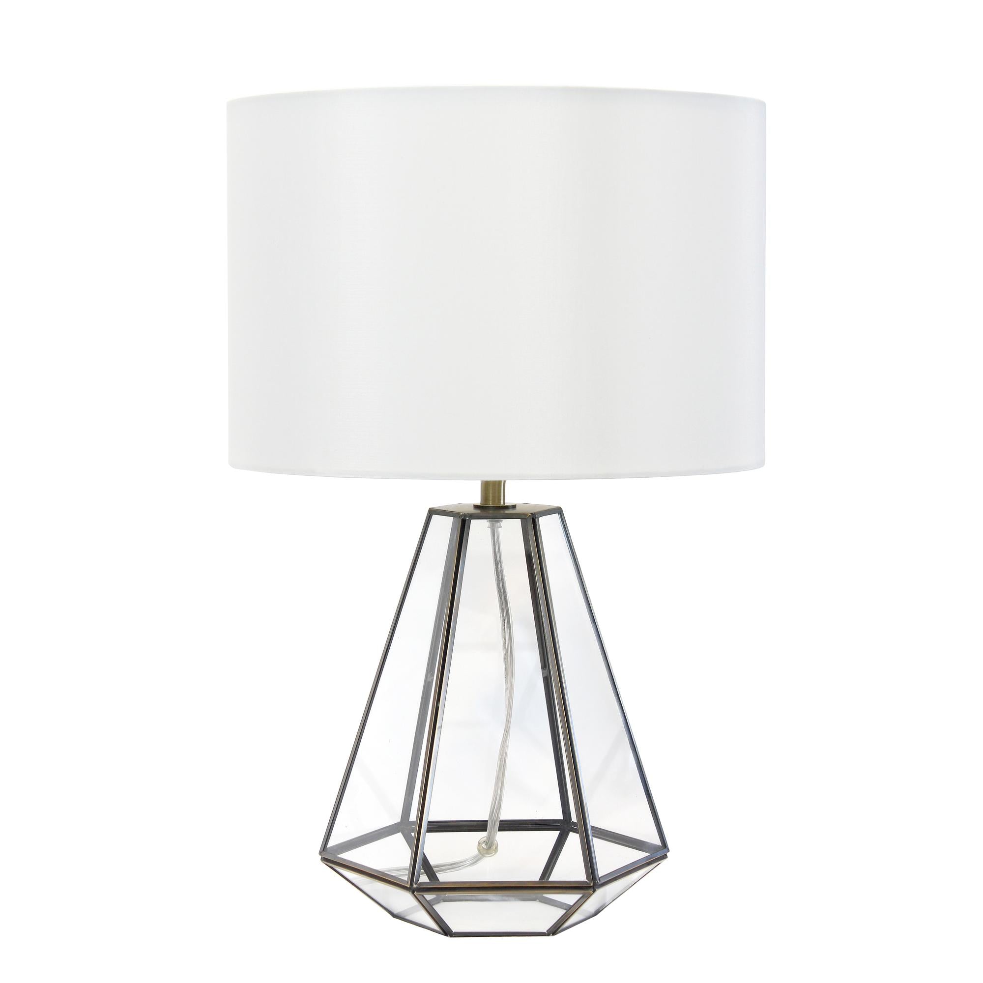 18" Clear And Brass Glass And Metal Geometric Table Lamp With Drum Shade Homeroots Lighting