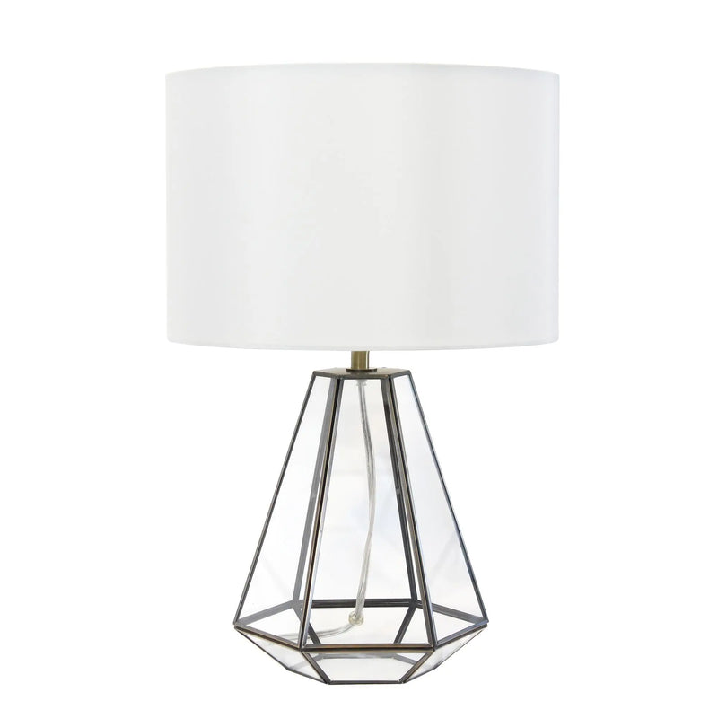 18" Clear And Brass Glass And Metal Geometric Table Lamp With Drum Shade Homeroots Lighting