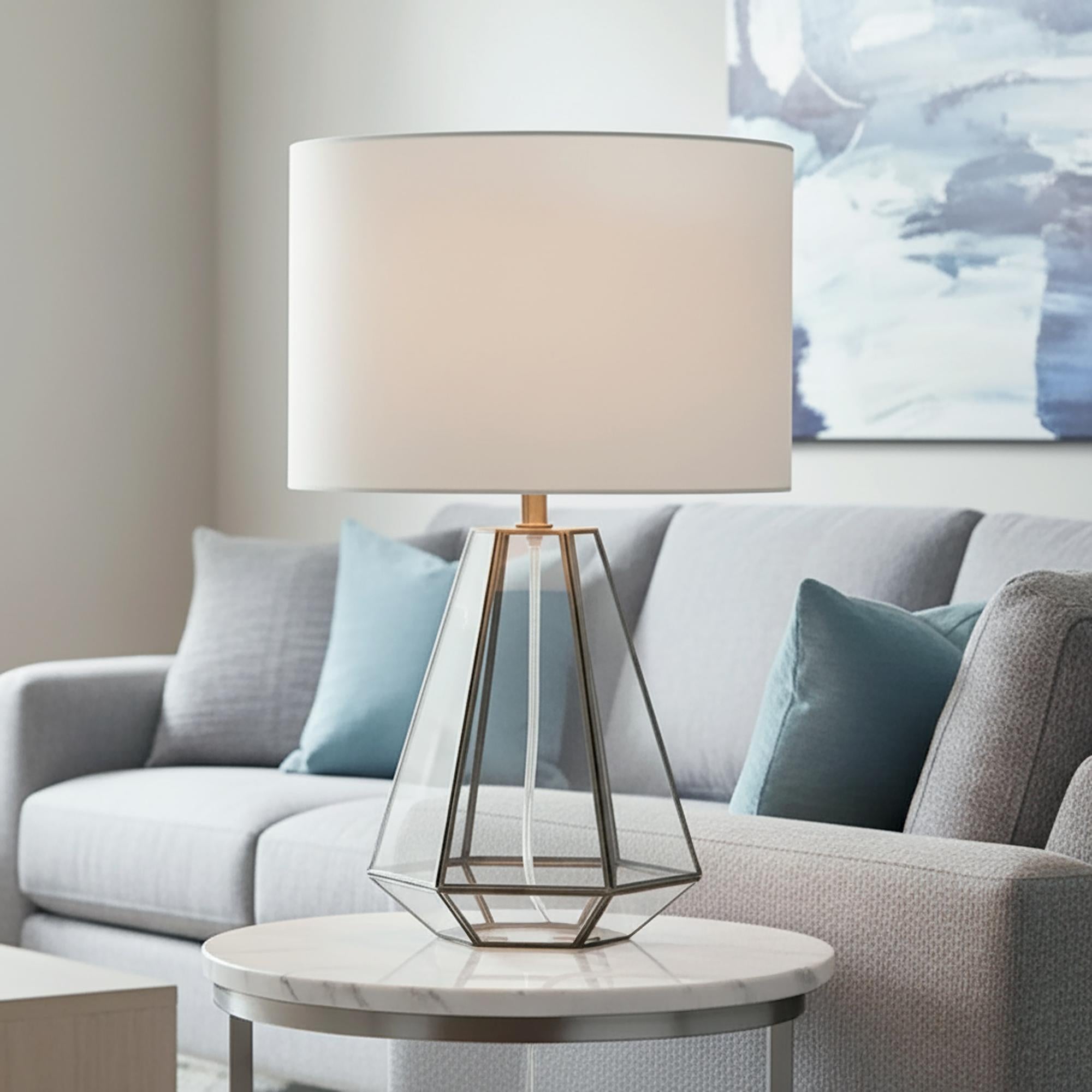 18" Clear And Brass Glass And Metal Geometric Table Lamp With Drum Shade Homeroots Lighting