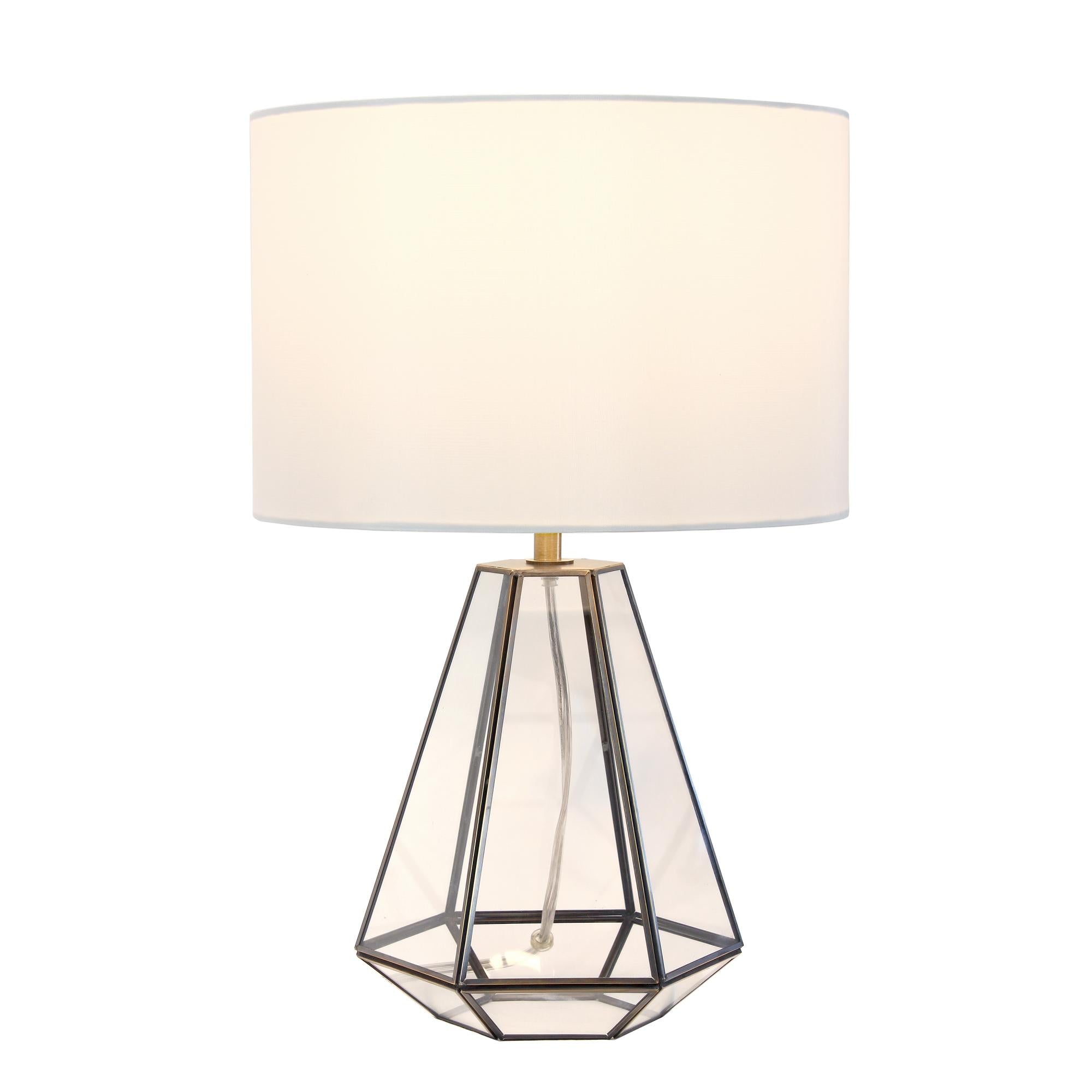 18" Clear And Brass Glass And Metal Geometric Table Lamp With Drum Shade Homeroots Lighting