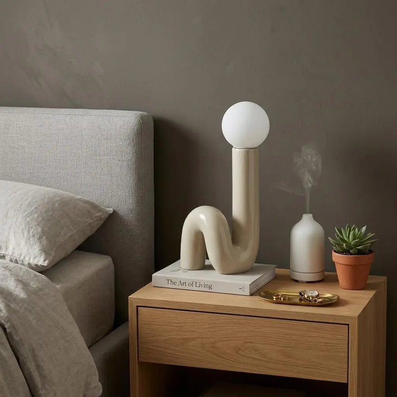 Beige ceramic lamp with a spherical white shade on a wooden nightstand beside a plant and decorative items.