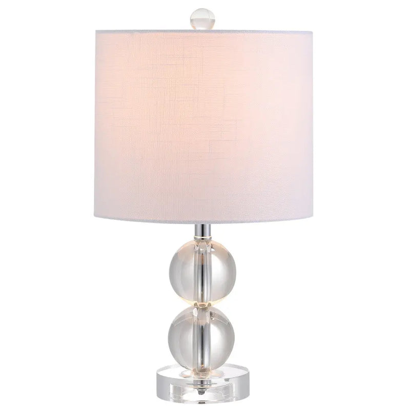 Clear glass table lamp with two round spheres and a white fabric shade, perfect for modern decor.