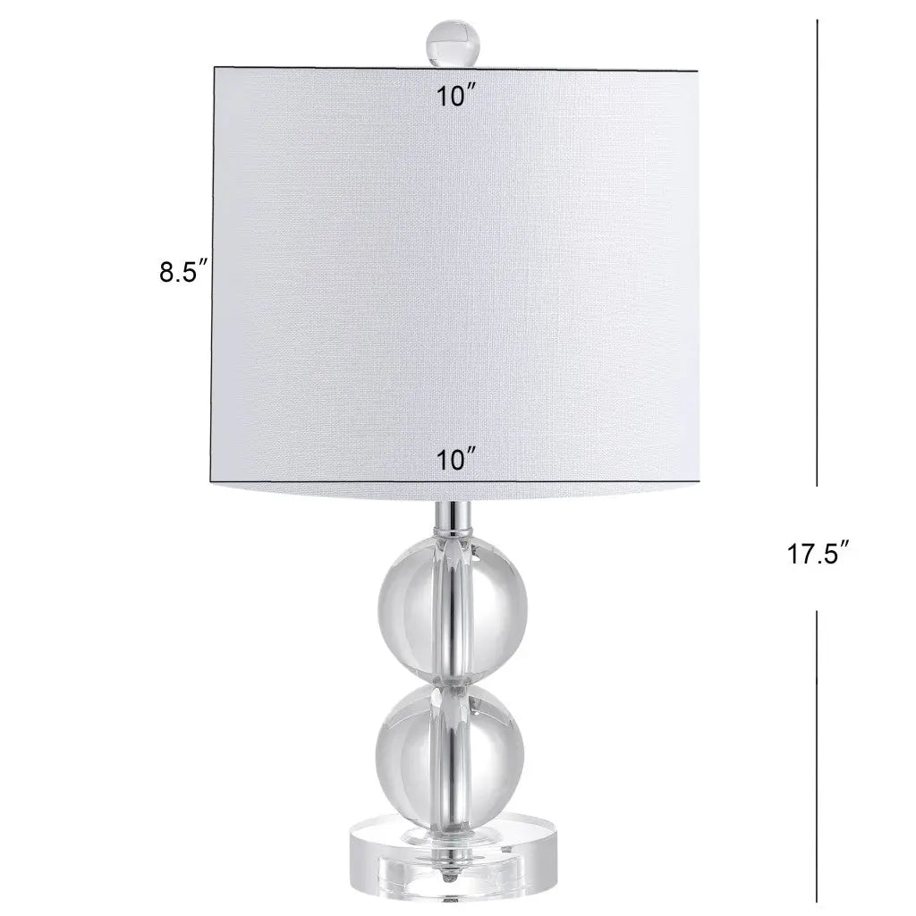 Clear crystal table lamp with white fabric shade, 17.5 inches tall, modern style with a sleek design.