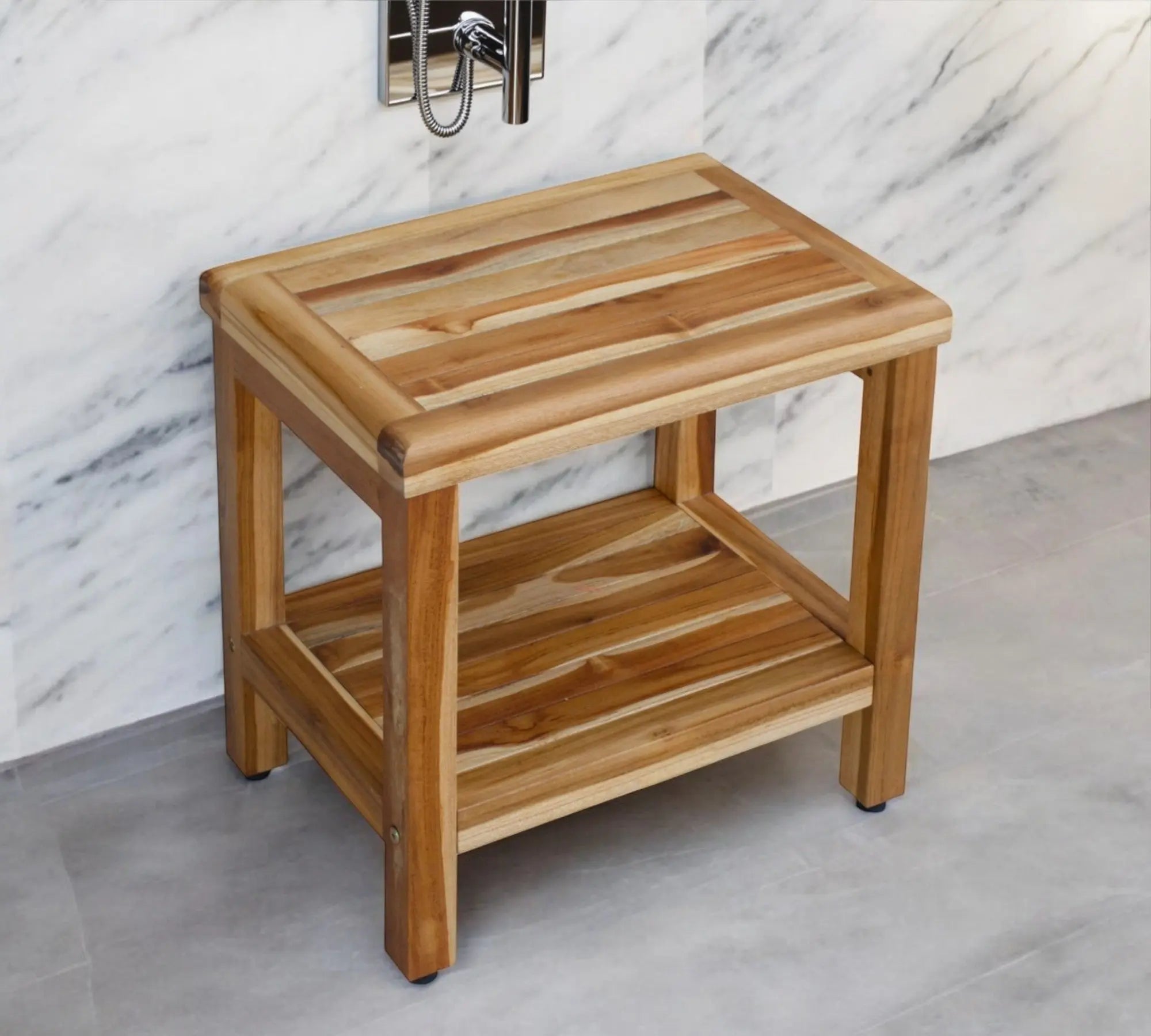 18" Contemporary Teak Shower Stool Or Bench With Shelf In Natural Finish Homeroots Bed & Bath