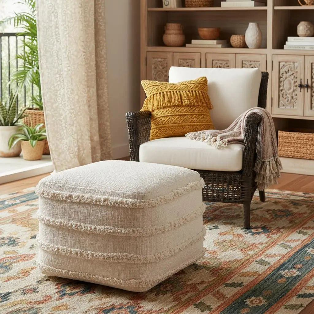 18" Cream Cotton Tufted Cube Striped Pouf Ottoman Homeroots Living Room