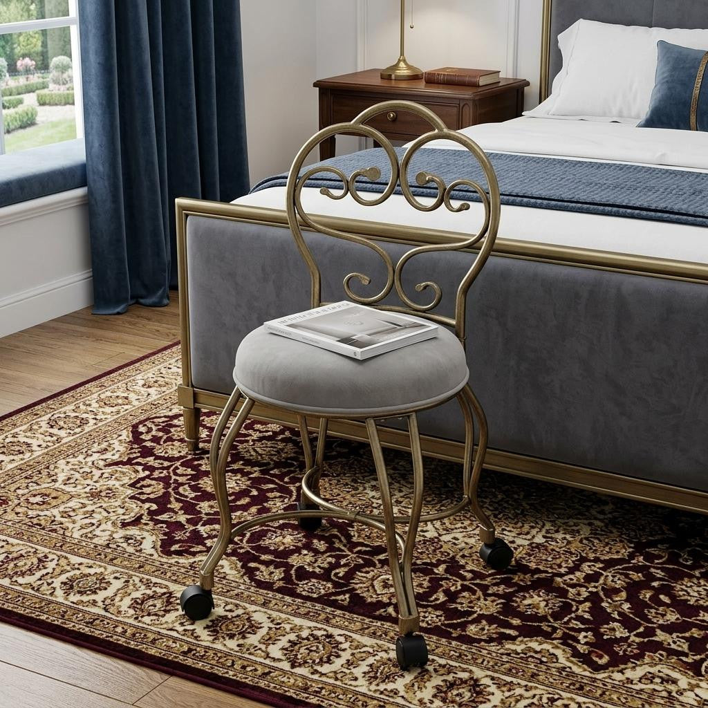18" Cream and Brass Microfiber and Metal Upholstered Round Bench Homeroots Living Room