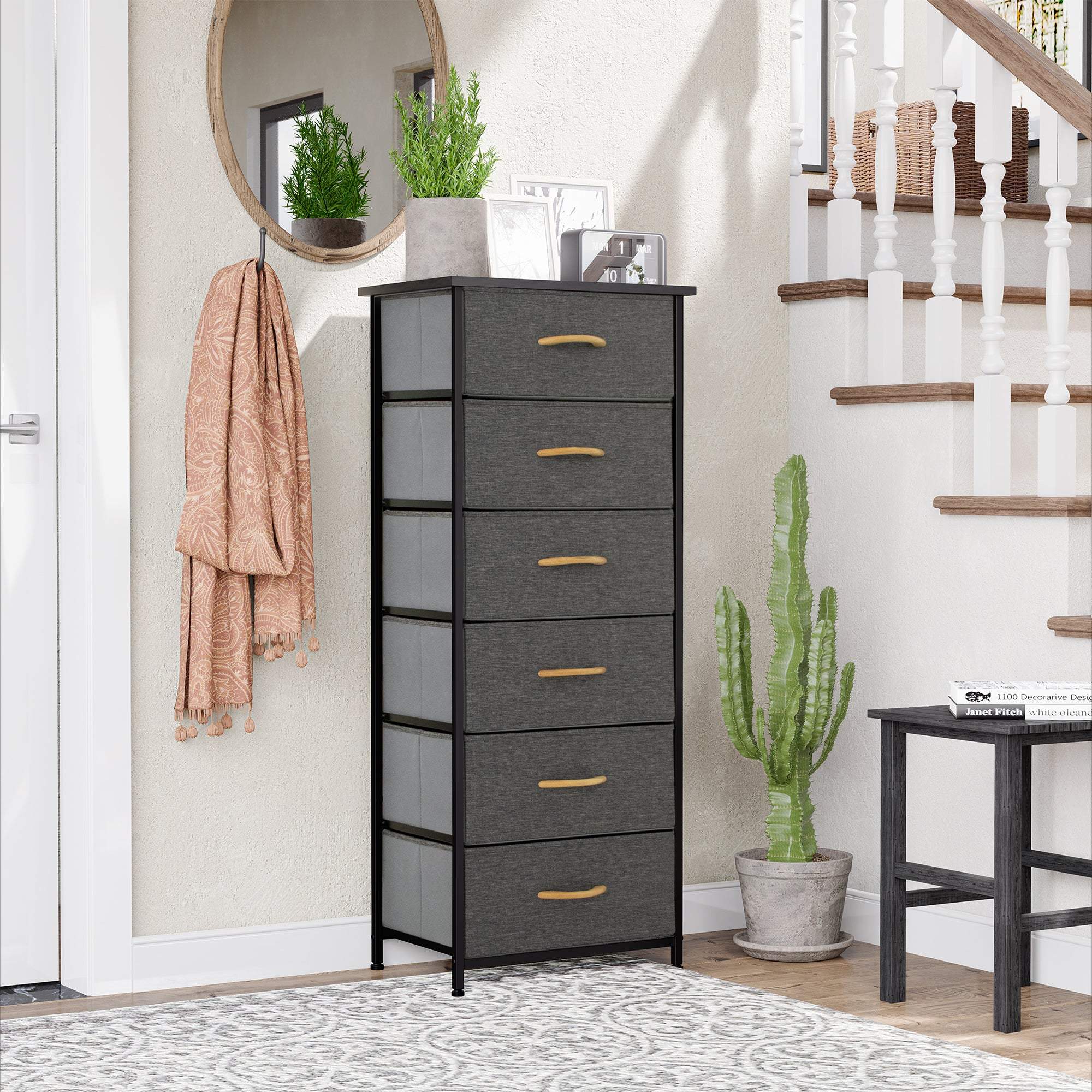 18" Gray And Black Steel And Fabric Six Drawer Dresser - GreatEagleInc