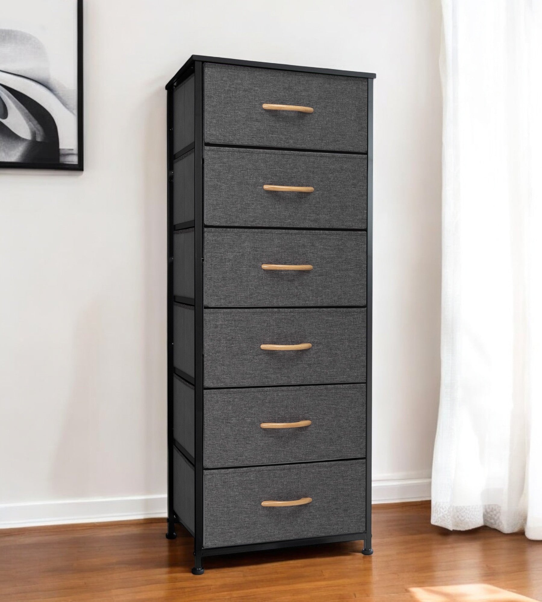 18" Gray And Black Steel And Fabric Six Drawer Dresser - GreatEagleInc