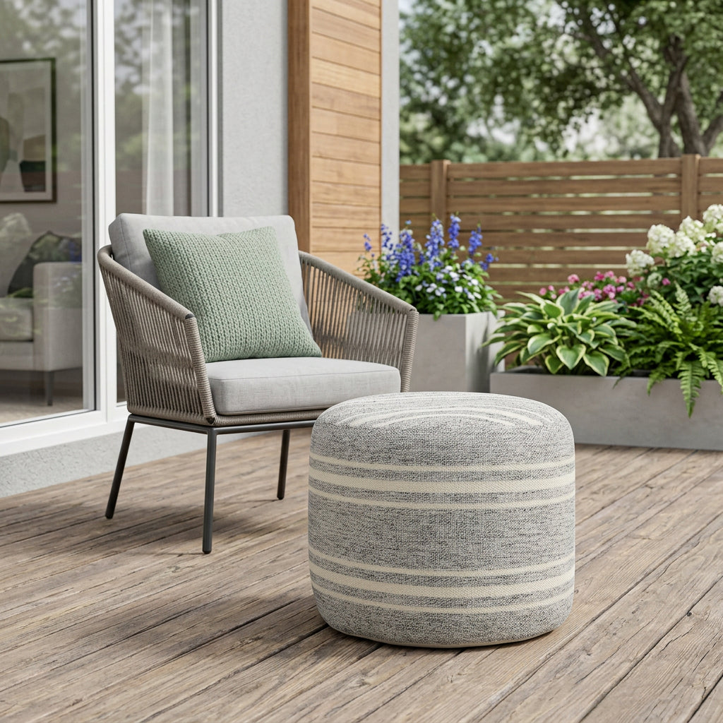 18" Gray Polyester Round Striped Indoor Outdoor Pouf Ottoman Homeroots Outdoor