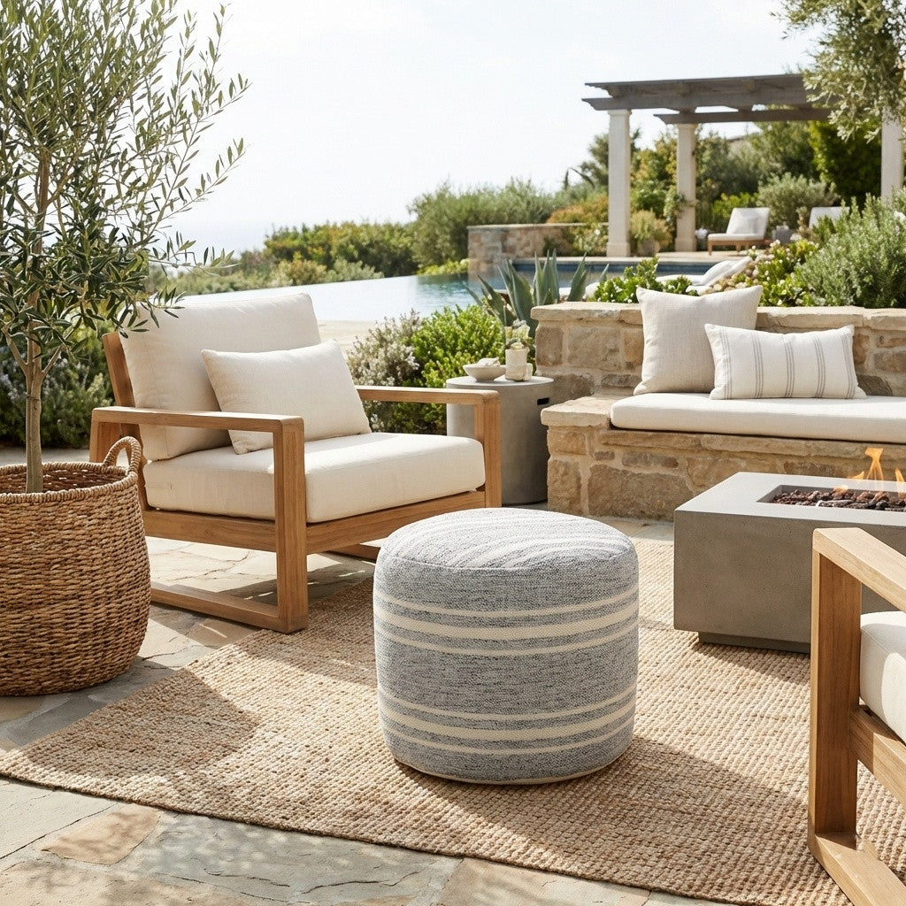 18" Gray Polyester Round Striped Indoor Outdoor Pouf Ottoman Homeroots Outdoor