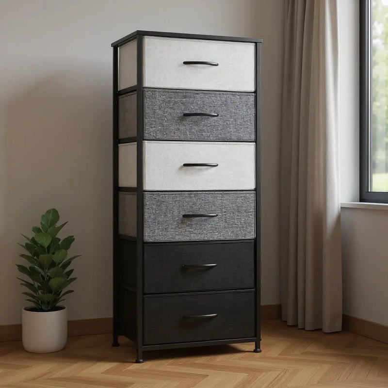 18" Gray and Black Steel and Fabric Six Drawer Chest - GreatEagleInc