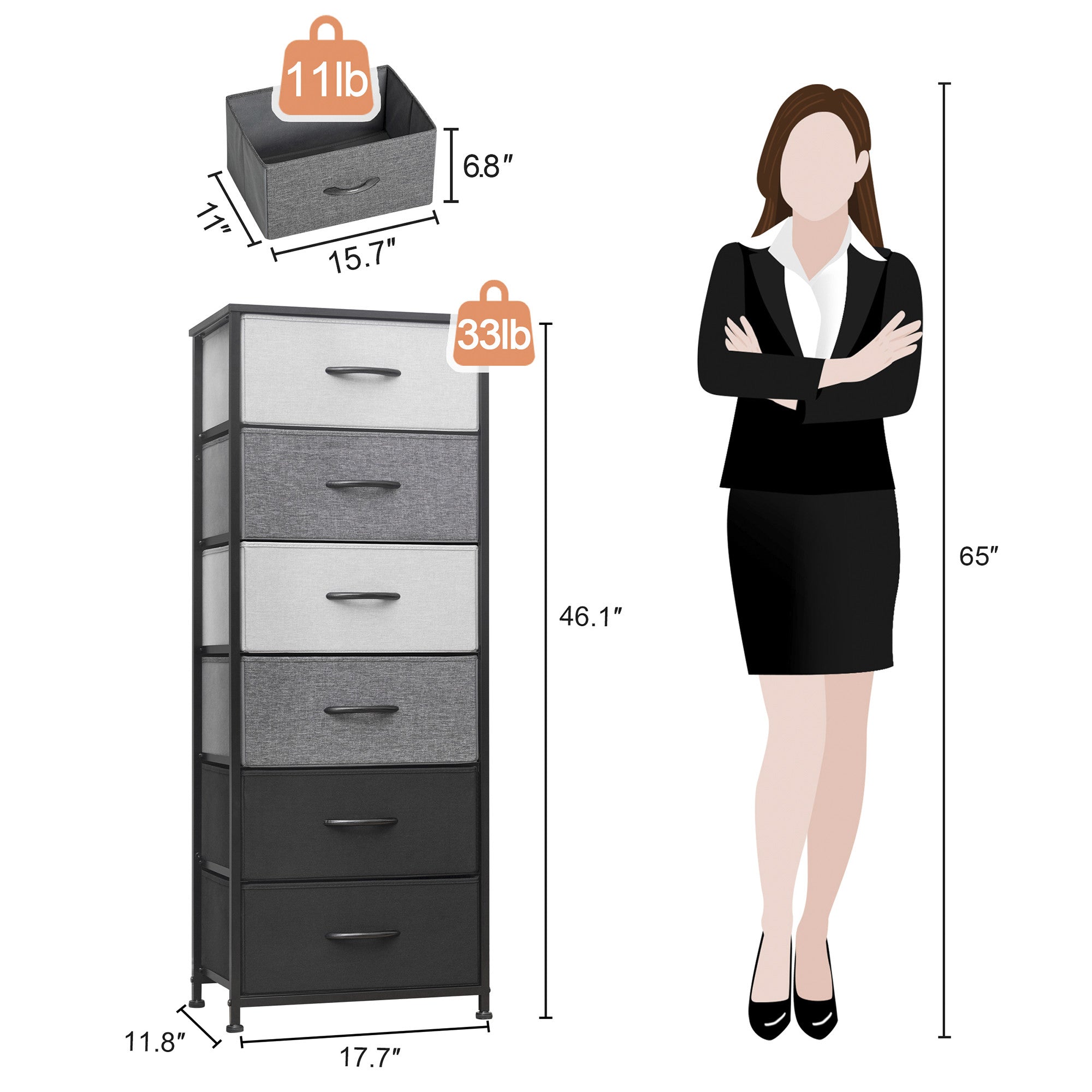 18" Gray and Black Steel and Fabric Six Drawer Chest - GreatEagleInc