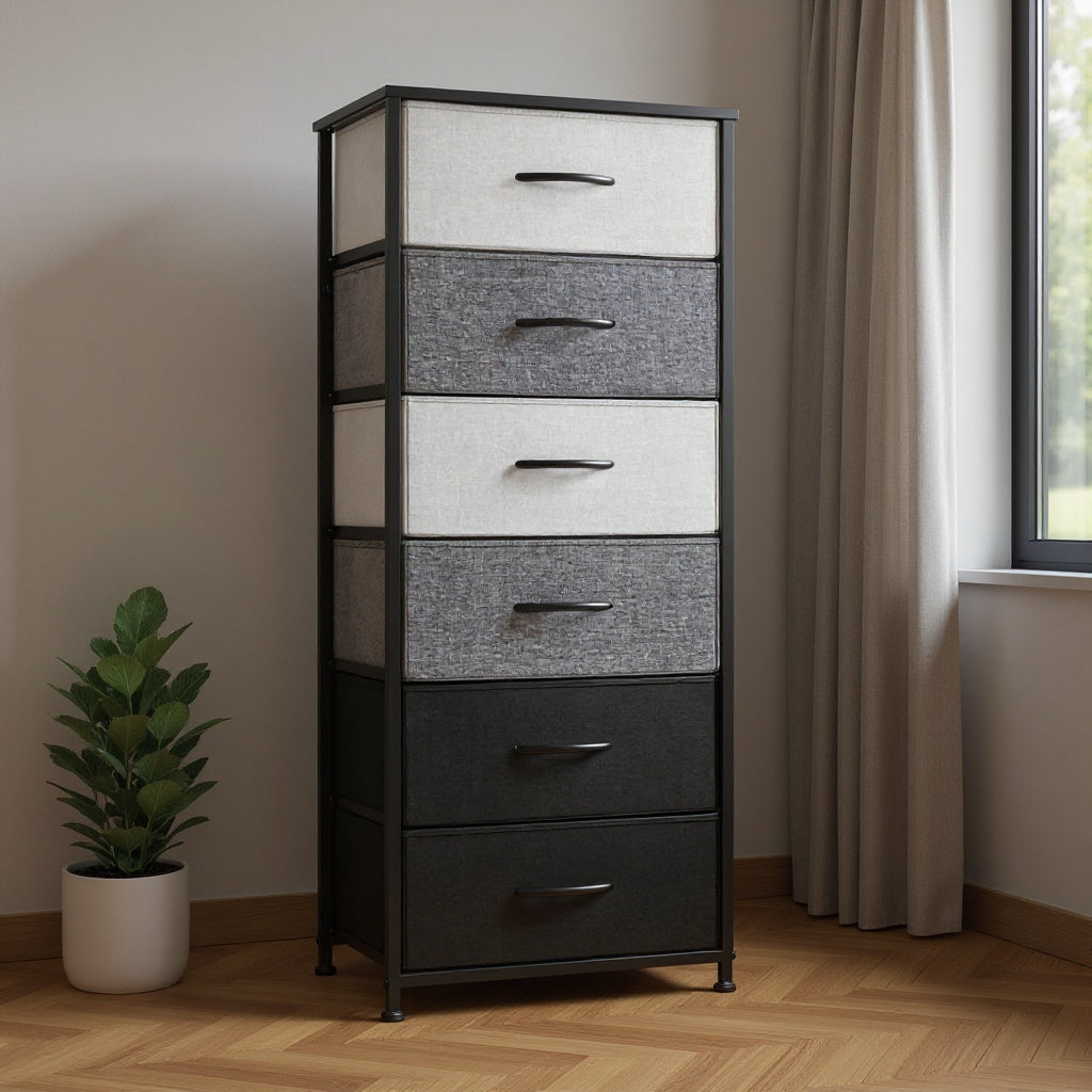 18" Gray and Black Steel and Fabric Six Drawer Chest - GreatEagleInc