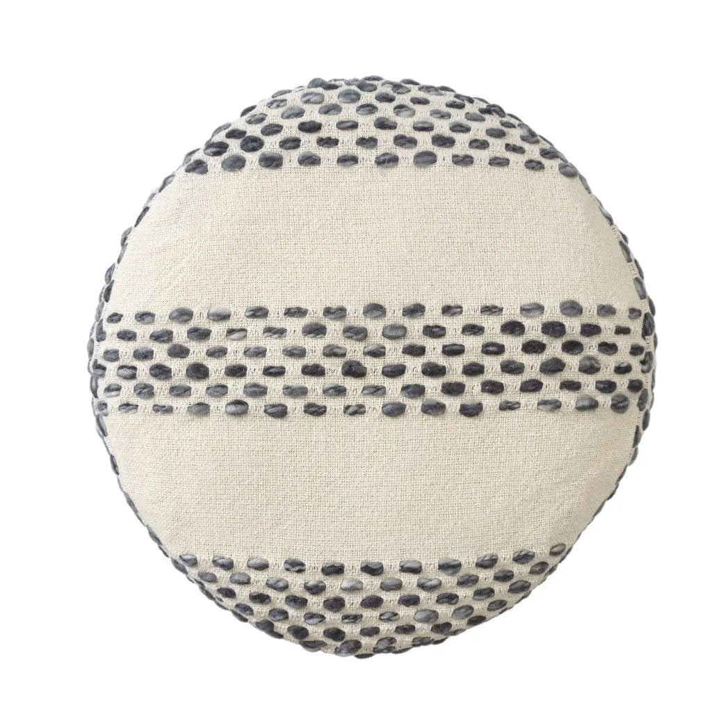 18" Ivory And Blue Cotton Blend Round Striped Pouf Ottoman Homeroots Living Room