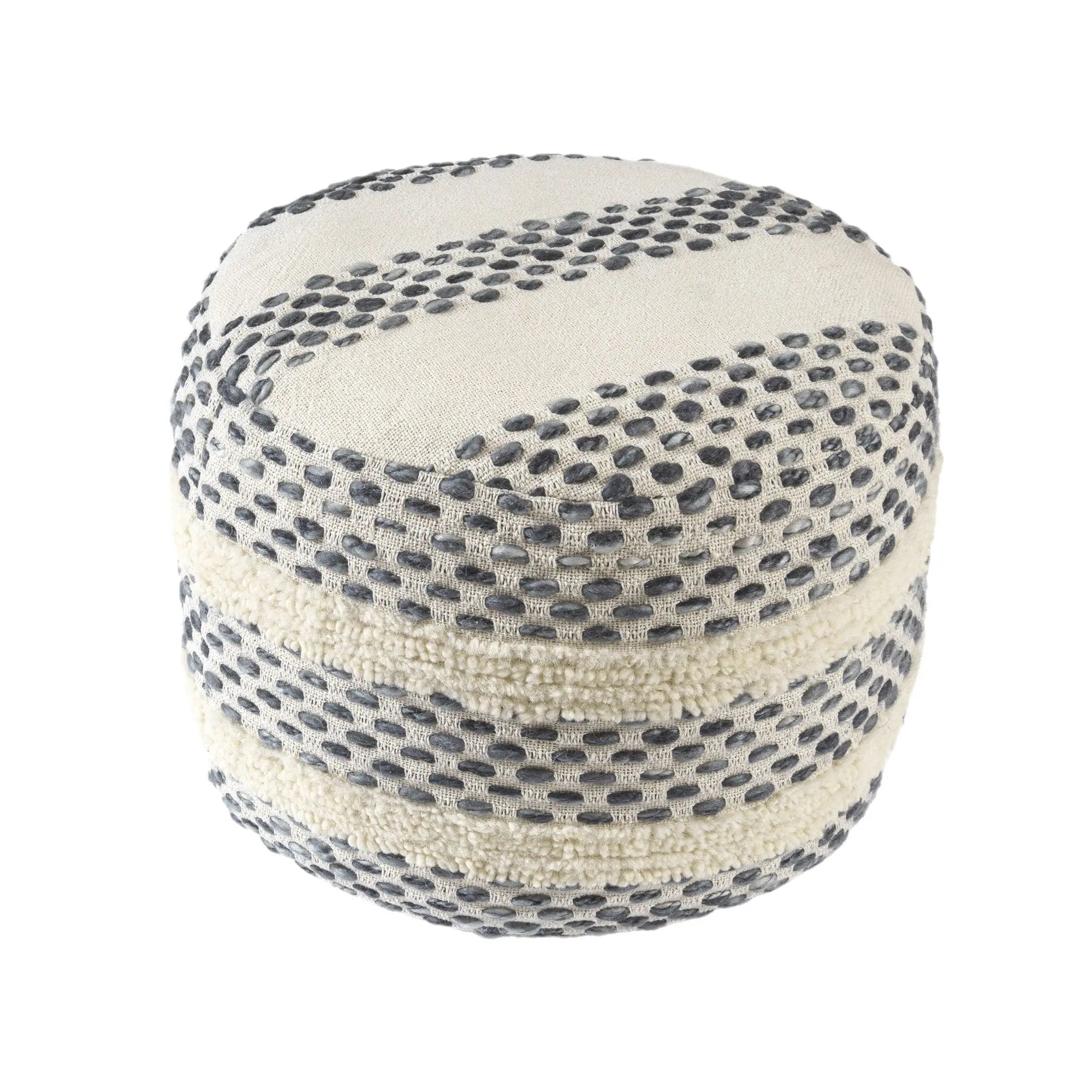 18" Ivory And Blue Cotton Blend Round Striped Pouf Ottoman Homeroots Living Room