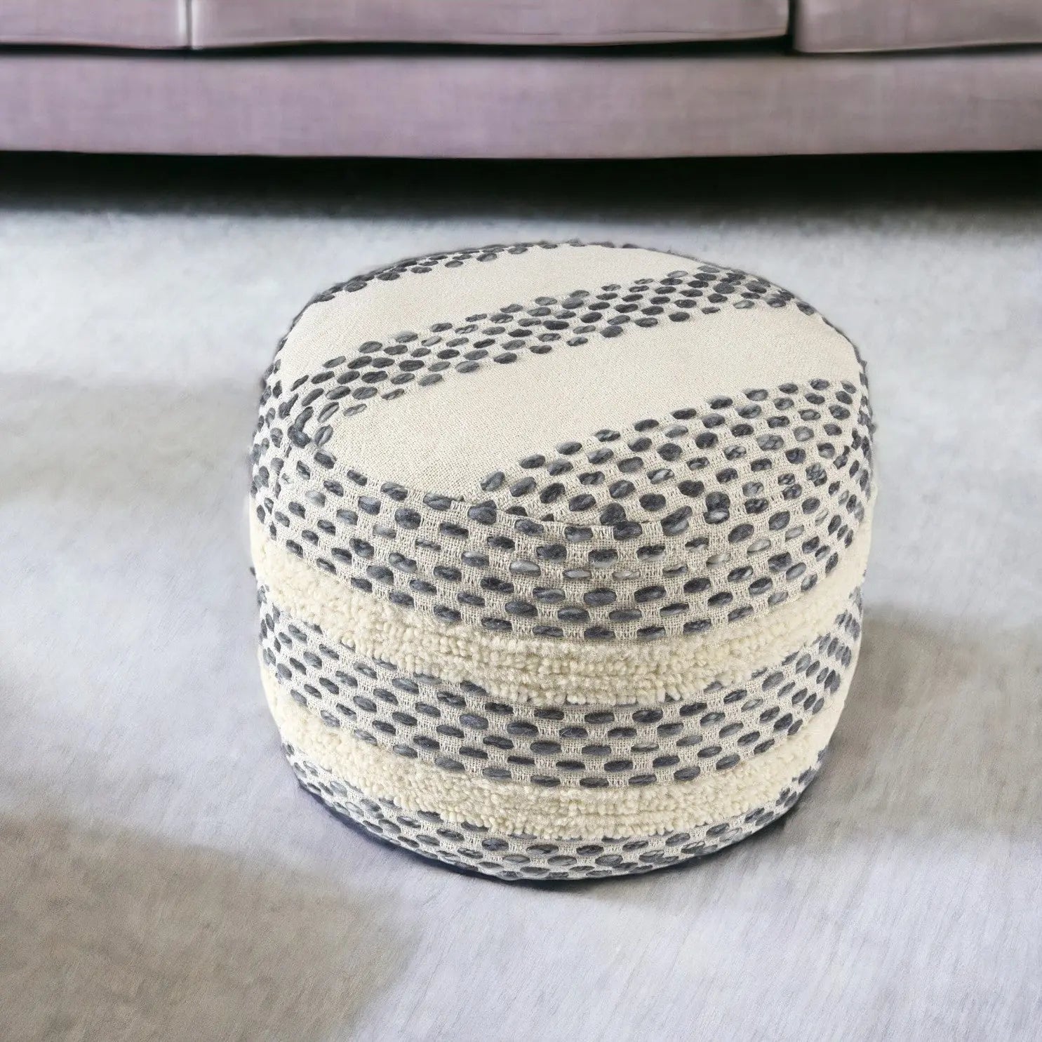 18" Ivory And Blue Cotton Blend Round Striped Pouf Ottoman Homeroots Living Room