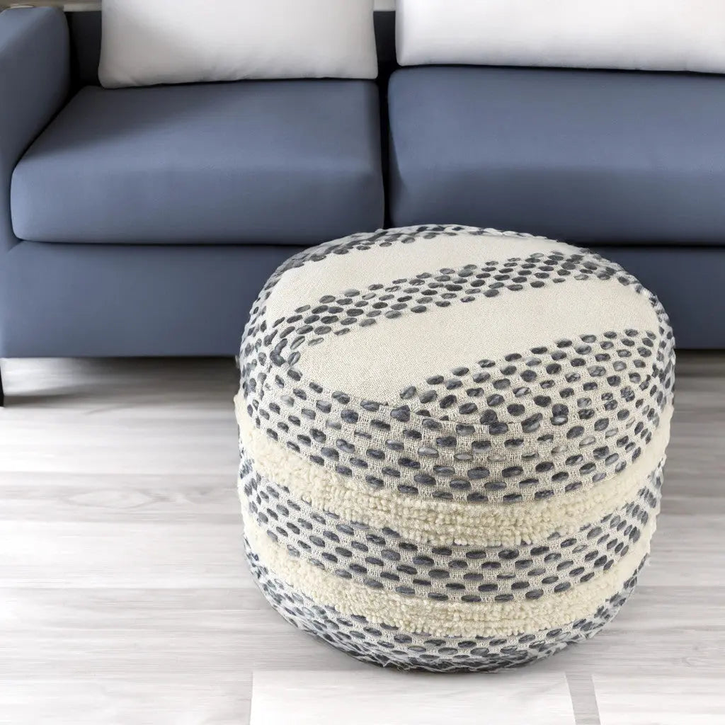 18" Ivory And Blue Cotton Blend Round Striped Pouf Ottoman Homeroots Living Room