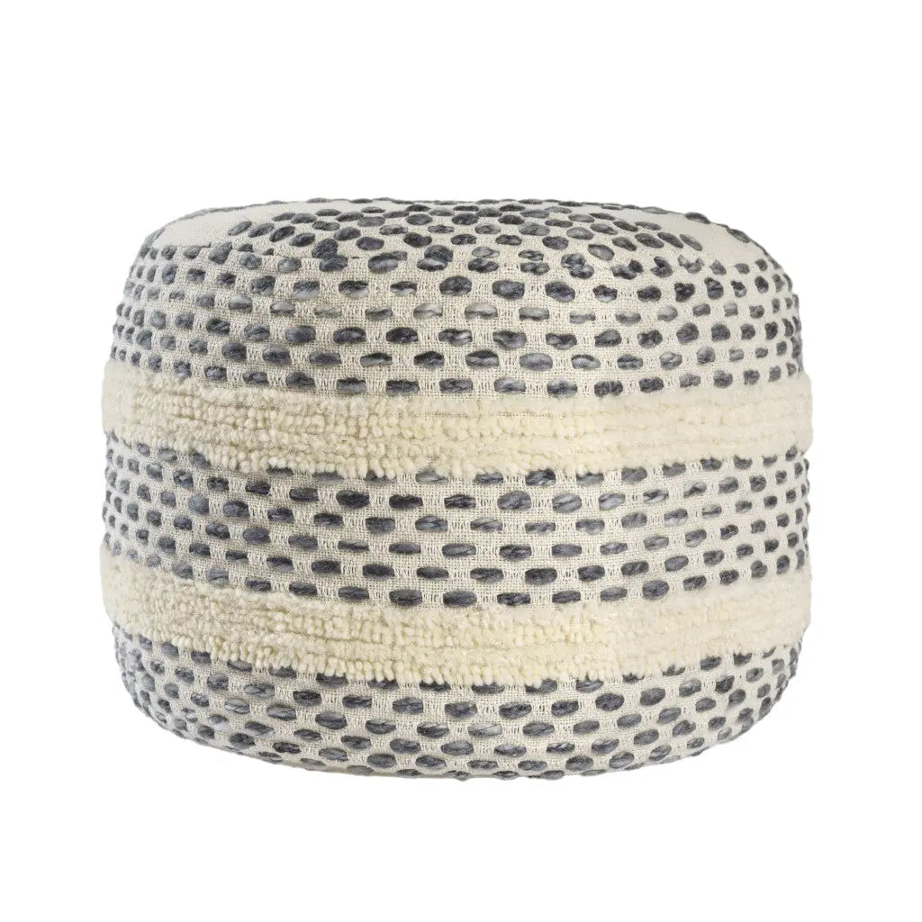 18" Ivory And Blue Cotton Blend Round Striped Pouf Ottoman Homeroots Living Room