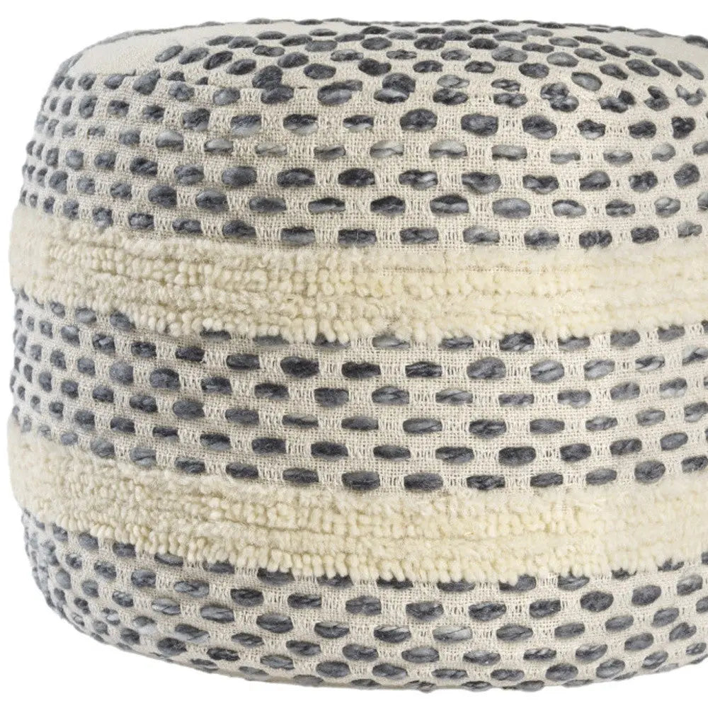 18" Ivory And Blue Cotton Blend Round Striped Pouf Ottoman Homeroots Living Room