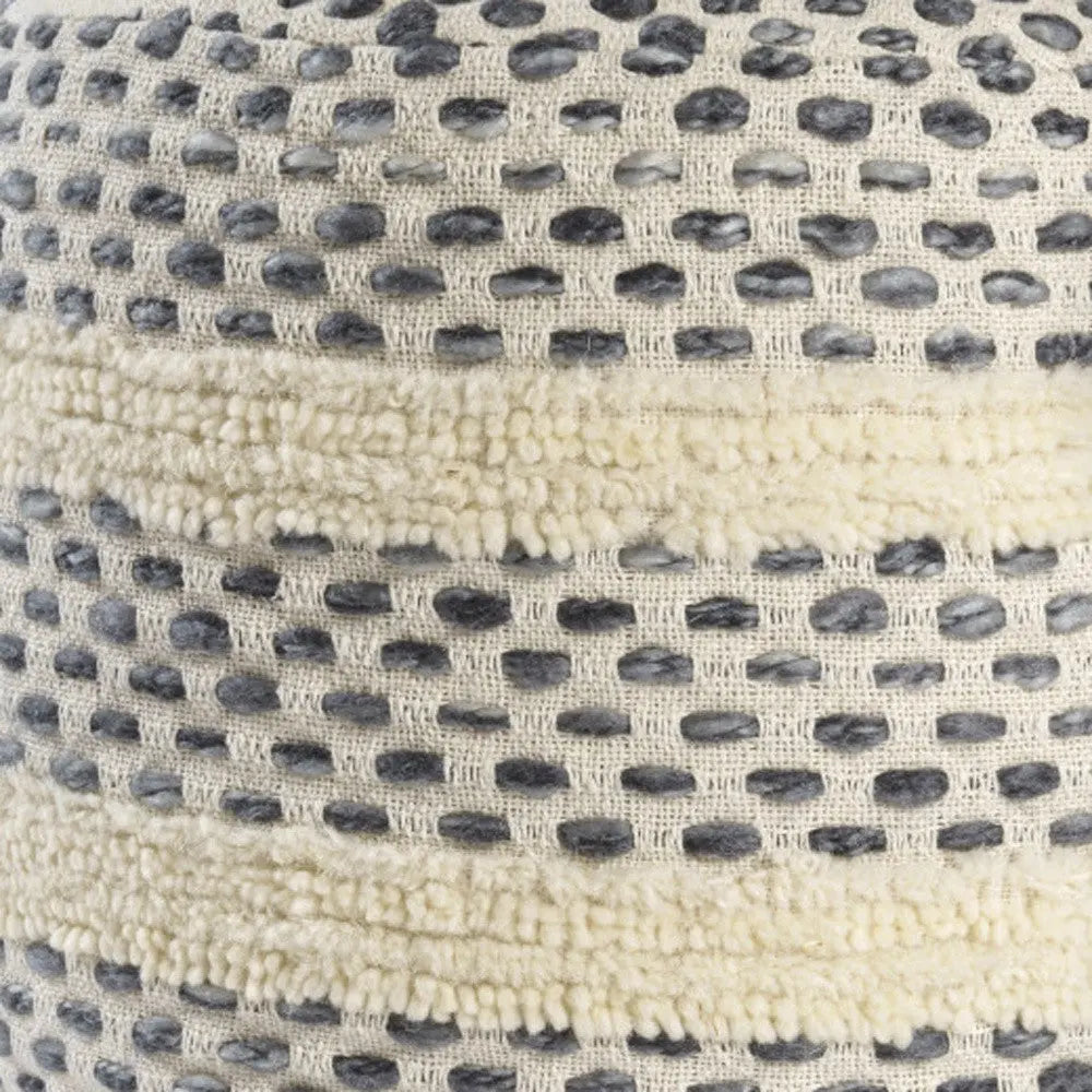 18" Ivory And Blue Cotton Blend Round Striped Pouf Ottoman Homeroots Living Room