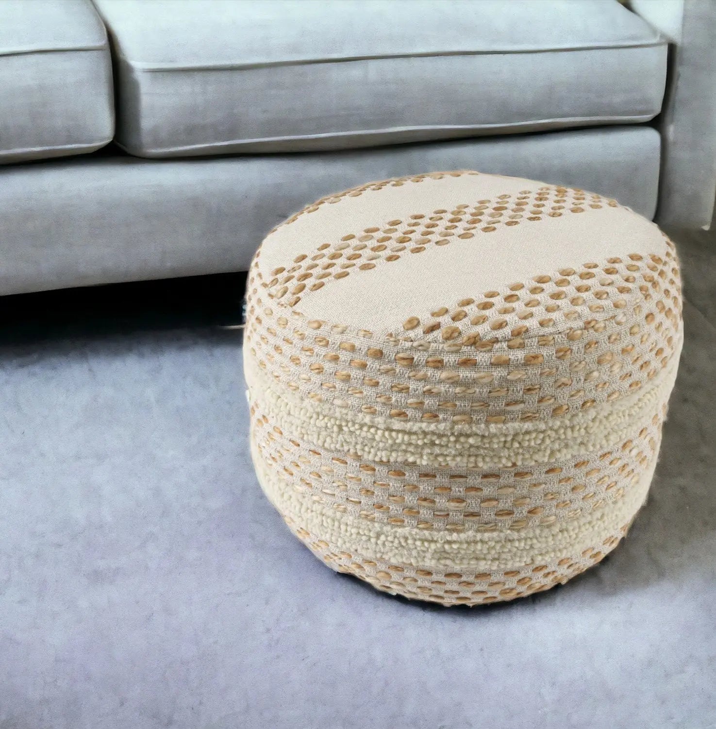 18" Ivory And Brown Cotton Blend Round Striped Pouf Ottoman Homeroots Living Room